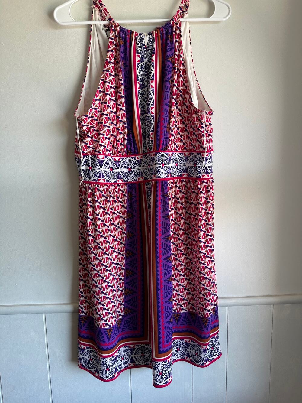 Maggy London Halter Neck Dress 14 Pink Purple Geometric Border Print Shift 18x34